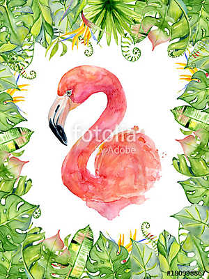 Pink flamingo watercolor hand drawn illustration in arrangement  (poszter) - vászonkép, falikép otthonra és irodába