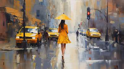 New York-i utca elegáns nővel esernyővel és sárga taxikkal (festmény effekt) (fotótapéta) - vászonkép, falikép otthonra és irodába