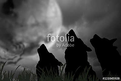 Wolf / Farkasok sziluettje a holddal éjjel. Digitális retusálás. (többrészes kép) - vászonkép, falikép otthonra és irodába