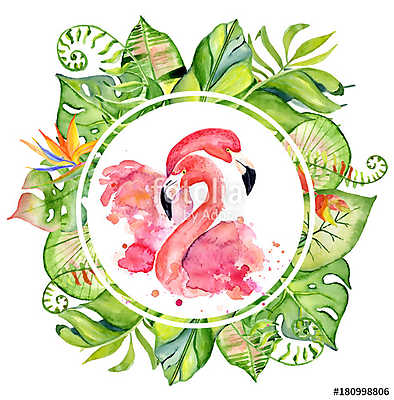 Pink flamingo watercolor hand drawn illustration in arrangement  (keretezett kép) - vászonkép, falikép otthonra és irodába