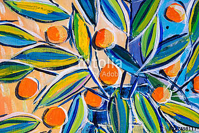 Details of acrylic paintings showing colour, textures and techniques. Expressionistic leaves and orange berries. (fotótapéta) - vászonkép, falikép otthonra és irodába