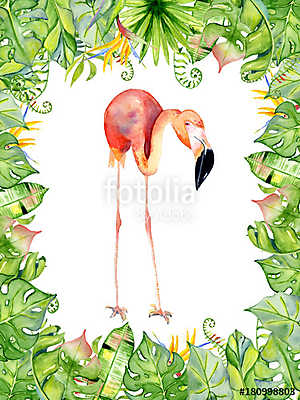 Pink flamingo watercolor hand drawn illustration in arrangement  (poszter) - vászonkép, falikép otthonra és irodába