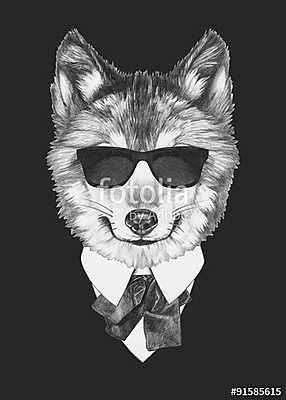 Portrait of Wolf in suit. Hand drawn illustration. (vászonkép óra) - vászonkép, falikép otthonra és irodába