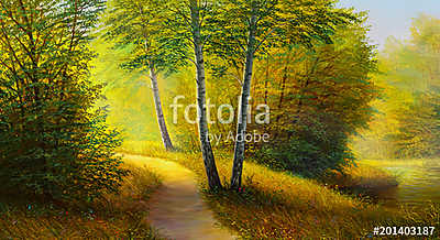 Színes nyári erdő, ösvénnyel (olajfestmény reprodukció) (fotótapéta) - vászonkép, falikép otthonra és irodába