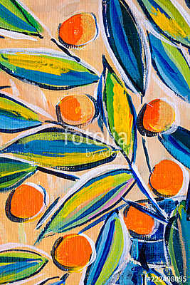 Details of acrylic paintings showing colour, textures and techniques. Expressionistic leaves and orange berries. (fotótapéta) - vászonkép, falikép otthonra és irodába