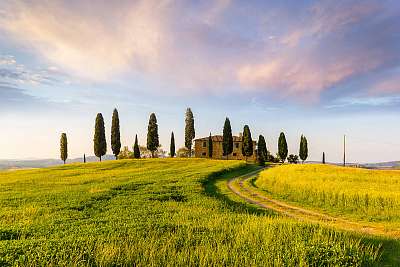 Toszkána, táj és parasztház a Val d'Orcia hegyei között (keretezett kép) - vászonkép, falikép otthonra és irodába