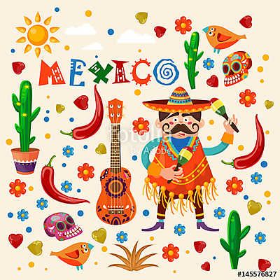 Vector színes kártya Mexikóban. Utazás plakát mexikói it (bögre) - vászonkép, falikép otthonra és irodába