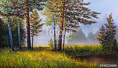 Landscape, mountain river.  Picture oil paints on a canvas. (fotótapéta) - vászonkép, falikép otthonra és irodába