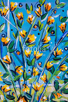 Details of acrylic paintings showing colour, textures and techniques. Expressionistic  tree branches with yellow spring blossom. (vászonkép óra) - vászonkép, falikép otthonra és irodába