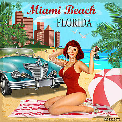 Miami Beach, Florida retro poster. (keretezett kép) - vászonkép, falikép otthonra és irodába