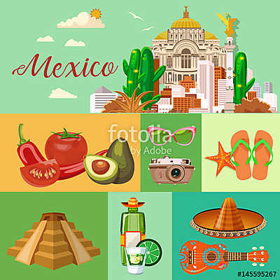 Vector színes kártya Mexikóról. Utazás plakát mexikói it (többrészes kép) - vászonkép, falikép otthonra és irodába