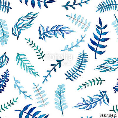 Herbal Seamless Pattern of Watercolor Blue Leaves (bögre) - vászonkép, falikép otthonra és irodába
