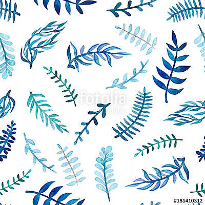 Herbal Seamless Pattern of Watercolor Blue Leaves (keretezett kép) - vászonkép, falikép otthonra és irodába