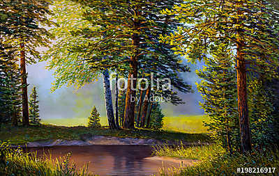 Landscape, mountain river.  Picture oil paints on a canvas. (fotótapéta) - vászonkép, falikép otthonra és irodába