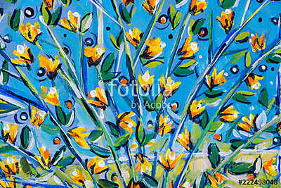 Details of acrylic paintings showing colour, textures and techniques. Expressionistic  tree branches with yellow spring blossom. (keretezett kép) - vászonkép, falikép otthonra és irodába