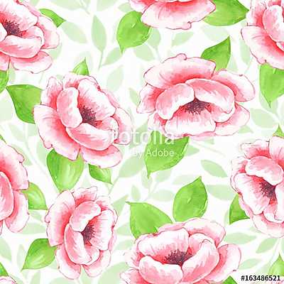 Floral seamless pattern. Watercolor background with pink flowers (keretezett kép) - vászonkép, falikép otthonra és irodába