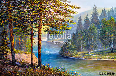 Landscape, mountain river.  Picture oil paints on a canvas. (keretezett kép) - vászonkép, falikép otthonra és irodába