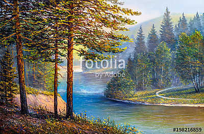 Landscape, mountain river.  Picture oil paints on a canvas. (bögre) - vászonkép, falikép otthonra és irodába