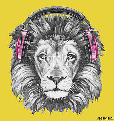 Portrait of Lion with headphones. Hand drawn illustration. (keretezett kép) - vászonkép, falikép otthonra és irodába