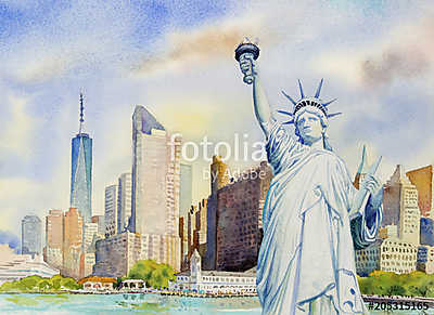 Statue Liberty  in Manhattan urban. Watercolor painting (fotótapéta) - vászonkép, falikép otthonra és irodába