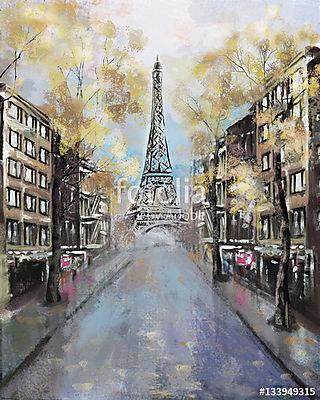 Párizs, Eiffel torony Franciaország, utcakép  (olajfestmény reprodukció) (keretezett kép) - vászonkép, falikép otthonra és irodába