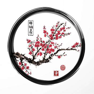 Keleti sakura cseresznyefa virágzó fekete enso zen körben  (bögre) - vászonkép, falikép otthonra és irodába