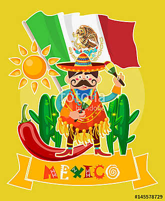 Vector színes kártya Mexikóról. Utazás plakát mexikói it (keretezett kép) - vászonkép, falikép otthonra és irodába