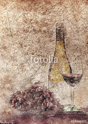 Borosüveg, egy fürt szőlővel, pohárral (többrészes kép) - vászonkép, falikép otthonra és irodába