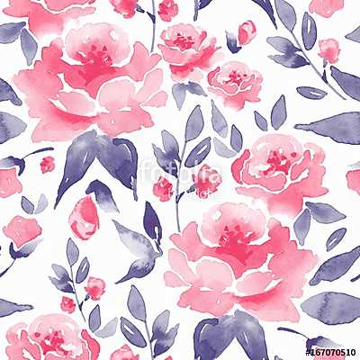 Floral seamless pattern. Watercolor background with pink flowers (többrészes kép) - vászonkép, falikép otthonra és irodába