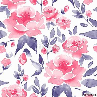 Floral seamless pattern. Watercolor background with pink flowers (keretezett kép) - vászonkép, falikép otthonra és irodába