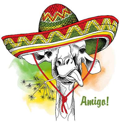 Poster with the image of a giraffe in a Mexico sombrero. Vector  (többrészes kép) - vászonkép, falikép otthonra és irodába