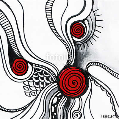 Whimsical abstract hand-drawn illustration. Black lines with red swirls.Doodle graphic art. (bögre) - vászonkép, falikép otthonra és irodába