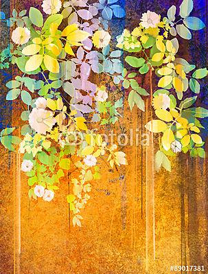 Vízfestmény fehér virágok és puha zöld levelek. Sárga- (fotótapéta) - vászonkép, falikép otthonra és irodába