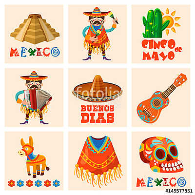 Vector színes kártya Mexikóról. Utazás plakát mexikói it (keretezett kép) - vászonkép, falikép otthonra és irodába