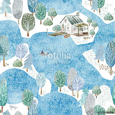 Seamless pattern of a fisherman's house,island and garden.Landsc (bögre) - vászonkép, falikép otthonra és irodába