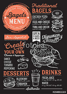 Bagels restaurant menu. Vector sandwich food flyer for bar and c (vászonkép óra) - vászonkép, falikép otthonra és irodába