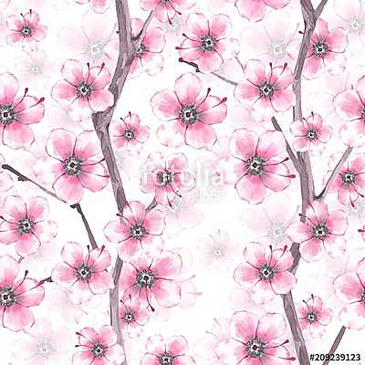 Blossom. Watercolor seamless floral pattern. Hand drawn backgrou (bögre) - vászonkép, falikép otthonra és irodába