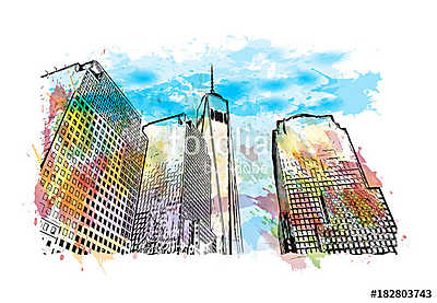 Watercolor splash with hand drawn sketch of Times Square, New Yo (bögre) - vászonkép, falikép otthonra és irodába
