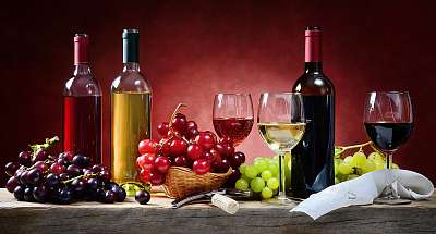 Piros, rozé és fehérbor, szőlőfürtökkel (fotótapéta) - vászonkép, falikép otthonra és irodába