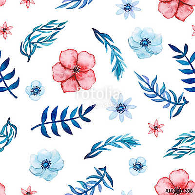 Seamless Pattern of Watercolor Red and Blue Flowers (fotótapéta) - vászonkép, falikép otthonra és irodába