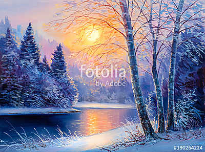 painting  of beautiful winter landscape (fotótapéta) - vászonkép, falikép otthonra és irodába