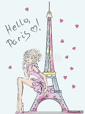 Hello, Párizs. Divat lány az Eiffel-torony közelében (fotótapéta) - vászonkép, falikép otthonra és irodába