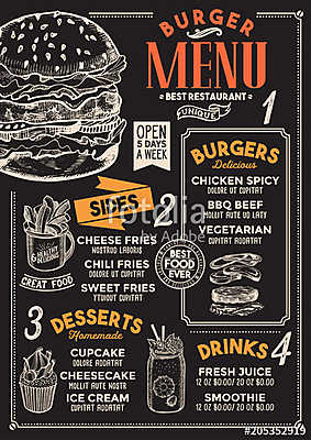 Burger restaurant menu. Vector food flyer for bar and cafe. Desi (keretezett kép) - vászonkép, falikép otthonra és irodába