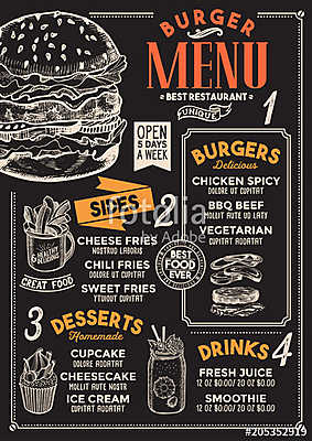 Burger restaurant menu. Vector food flyer for bar and cafe. Desi (bögre) - vászonkép, falikép otthonra és irodába