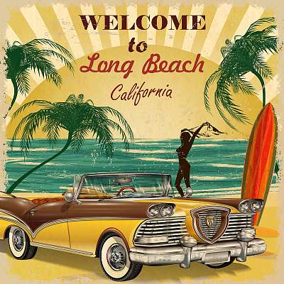 Welcome to long Beach, California retro poster. (többrészes kép) - vászonkép, falikép otthonra és irodába