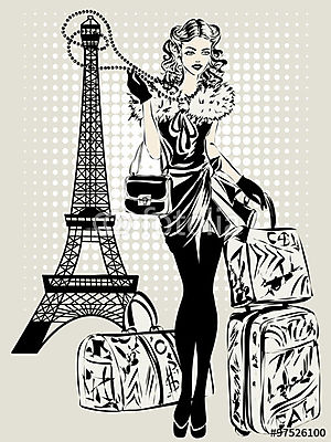 Fekete-fehér illusztráció a divat nő közelében Eiffel-torony  (fotótapéta) - vászonkép, falikép otthonra és irodába