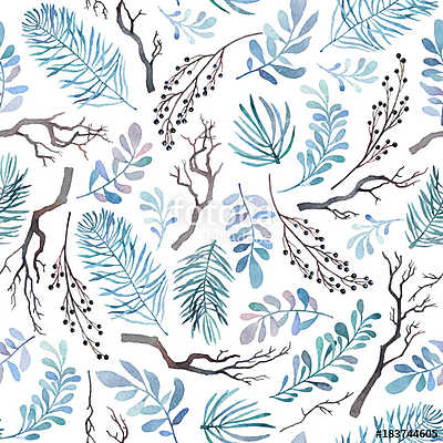 Watercolor seamless pattern with different kinds of winter branc (keretezett kép) - vászonkép, falikép otthonra és irodába