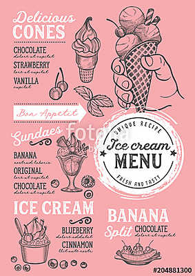 Ice cream restaurant menu. Vector dessert food flyer for bar and (keretezett kép) - vászonkép, falikép otthonra és irodába