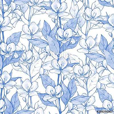 Blue floral seamless pattern 5. Monochrome watercolor background (fotótapéta) - vászonkép, falikép otthonra és irodába