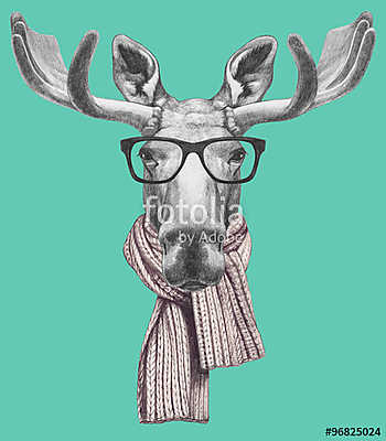 Portrait of Moose with glasses and scarf. Hand drawn illustratio (vászonkép óra) - vászonkép, falikép otthonra és irodába